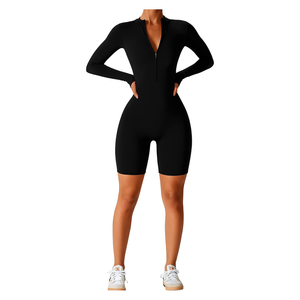 Womens Long Sleeve Workout Jumpsuit Zip Up Yoga Rompers Sexy Tummy Control One Piece Bodycon Bottom Pants, Size XXL