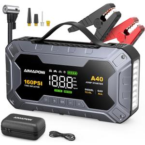 8000A 160PSI Jump Starter with Air Compressor, 12V Car Battery Jump Starter Power Bank(All Gas/12L Diesel), Car Starter with LED Flashlight, Force Start, Jump Pack with Jump Leads
