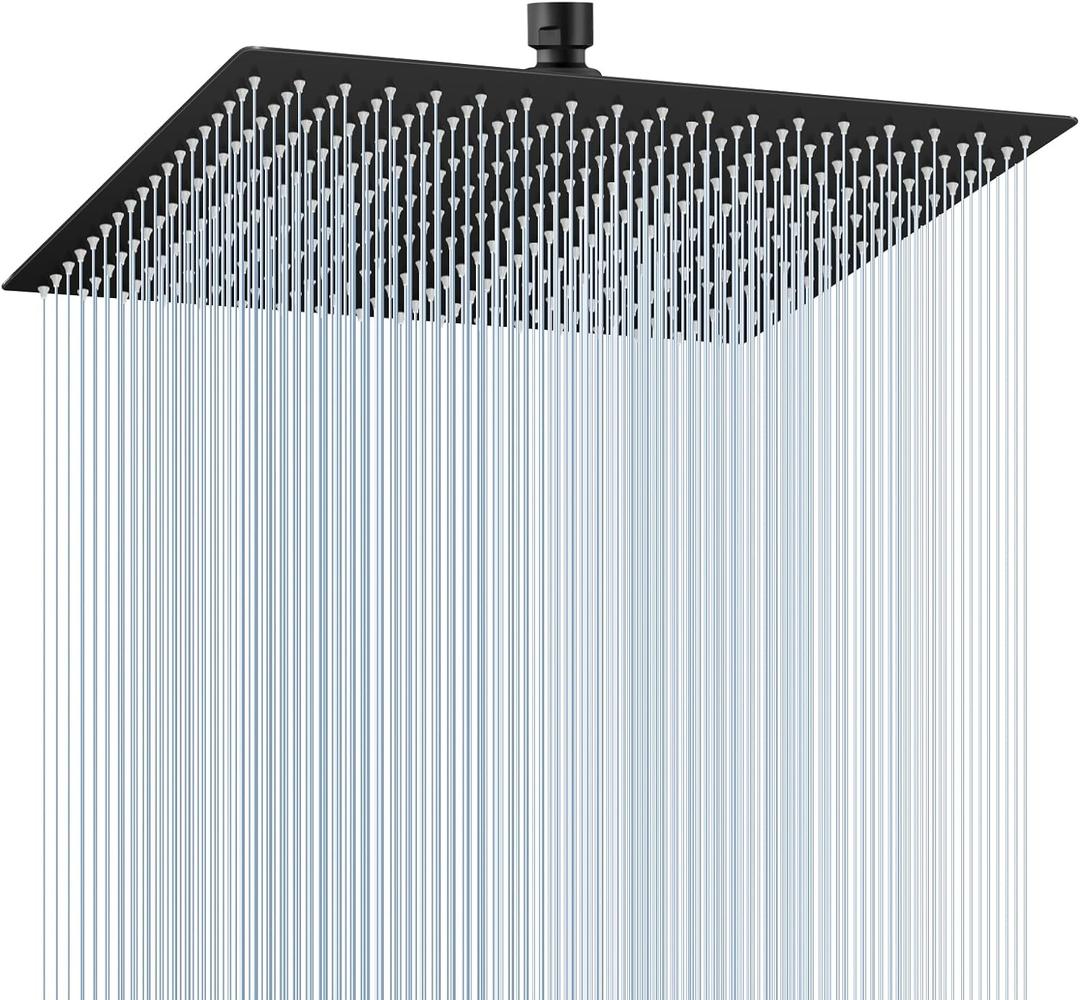 16 inch Matte Black Large Rain Shower Head - All Metal 304 Stainless Steel, Full Body Rainfall Shower with 324 Silicone Nozzles - Waterfall Bathroom Square Showerheads, Ceiling Mounted