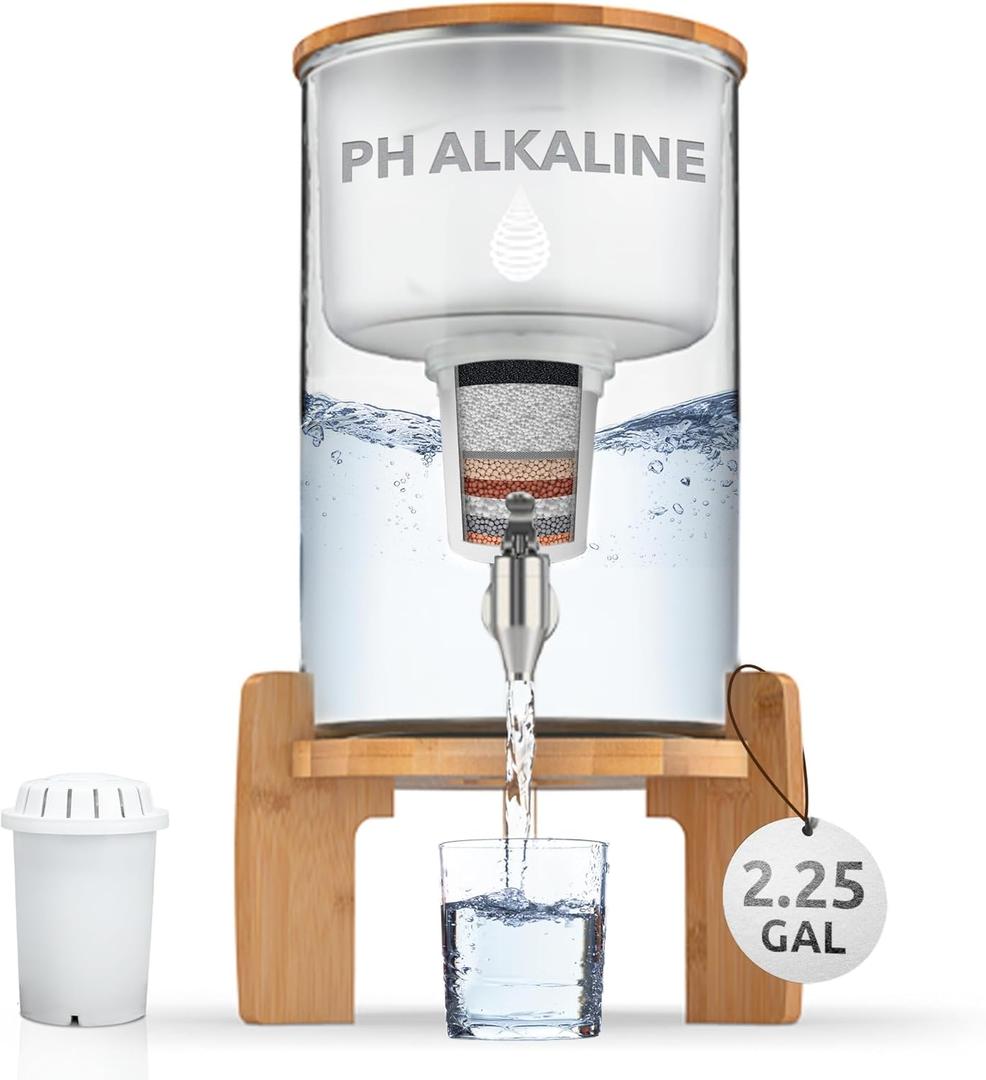 Invigorated Water pH Recharge Glass Alkaline Water Dispenser Filter System - Countertop Purifier Pitcher for Home and Office - High pH Pure Drinking Water Filtration- 8.5L/2.25 Gal"