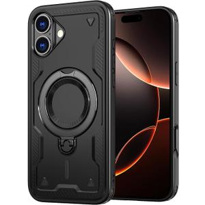 2 x 360 Spin Magnetic Kickstand Case for iPhone 16 Plus [Compatible with MagSafe] [Sturdy & Versatile Stand] Military-Grade Drop Protection Anti-Fingerprint Anti-Scratch, Black