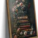 Framed Vintage Floral Wall Art – Moody Dark Flowers & Antique Books Oil Painting, Dark Academia Floral Canvas Wall Decor, Solid Wood Frame Picture for Living Room Office 16x12in
