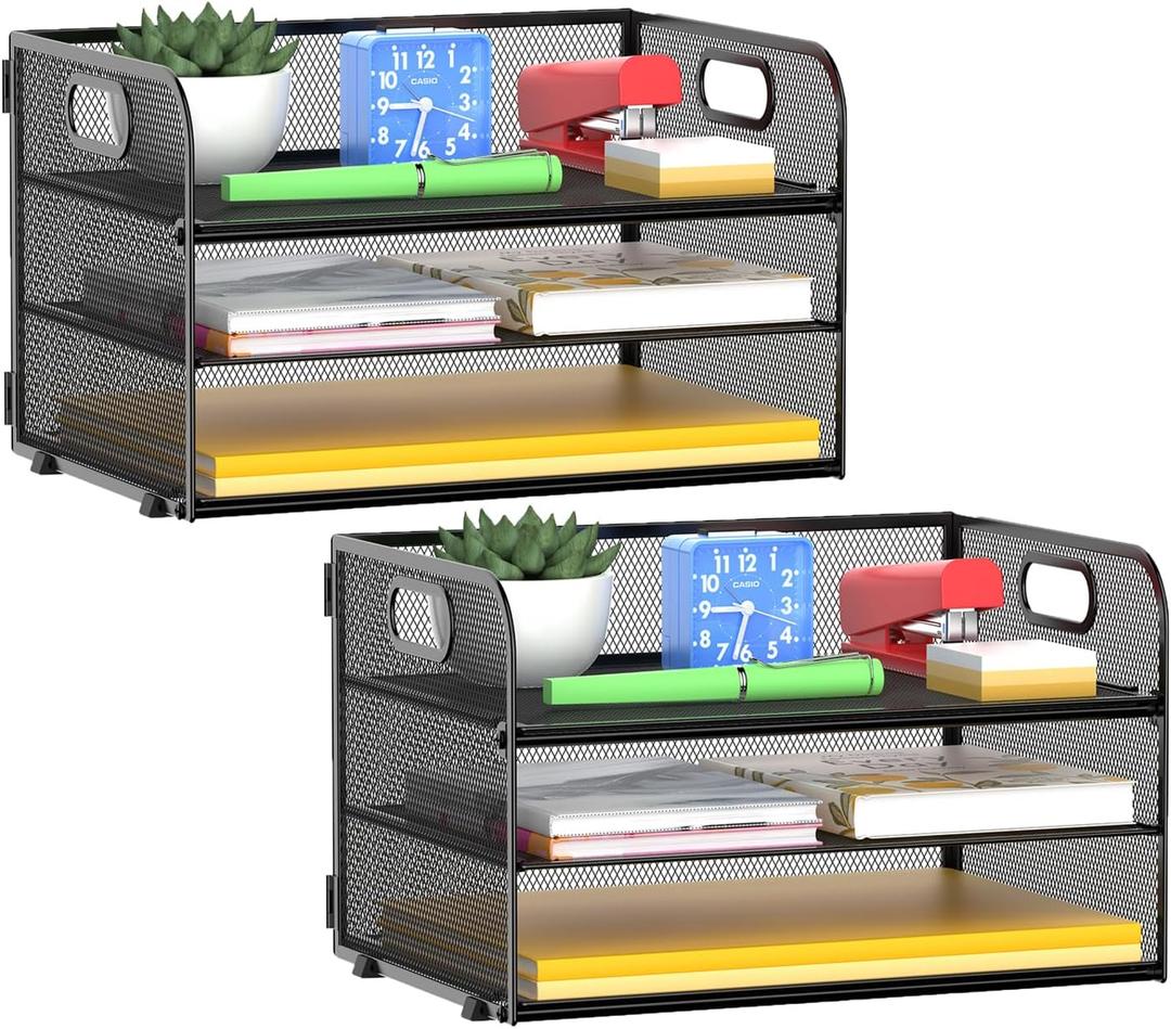 3-Tier Paper Letter Organizer Tray with Handle, Mesh Desk File Organizer for Office, Home, School - 2 Pack, Black