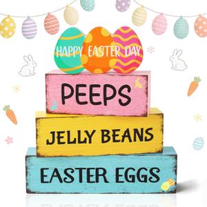 4 Pcs Easter Wooden Tiered Tray Decor, Easter Eggs Decorations Gifts for Home, Spring Table Centerpiece for Party Kitchen Holy Week Farmhouse (Pink)