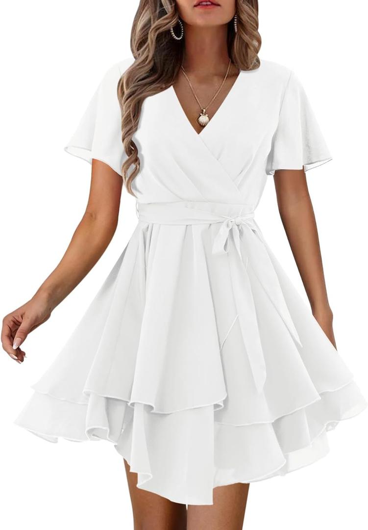 Amoretu Women's 2024 Summer Wrap Dress Short Sleeve Casual V Neck Ruffle Mini Dresses (Large, All White)