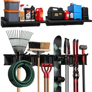 TIDYME Heavy-Duty Garage Wall Storage System | Wall Mounted Tool Organizer Rack with Shelving | 10-Piece Mounting Kit | Includes 4x10 Double-Layered Hooks & 2x16.5 Floating Utility Shelves
