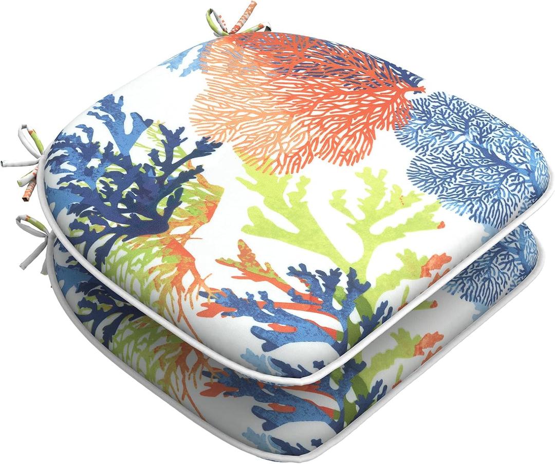 LVTXIII Set of 2 Outdoor Chair Cushions for Patio Furniture, Water Repellent Patio Chair Cushions 17"x16" with Ties, U-Shaped Dining Chair Pads for Garden Kitchen Use, Seascape Coral