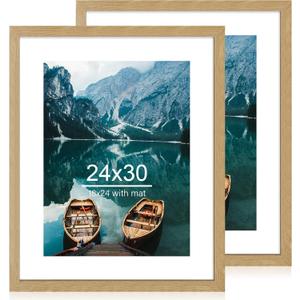 24x30 Frame Set of 2, Natural Oak Wood Style - Display 18x24 Picture Frame with Mat or 24 x 30 Poster without Mat, Wall Mounting Horizontal and Vertical