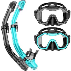 Snorkeling Gear for Adults Kids, Dry-Top Snorkel Set, 180Panoramic Wide View Diving Mask Breathing Freely Snorkel Mask for Snorkeling Scuba Diving Swimming Travel (A1-Black + BlackGreen)