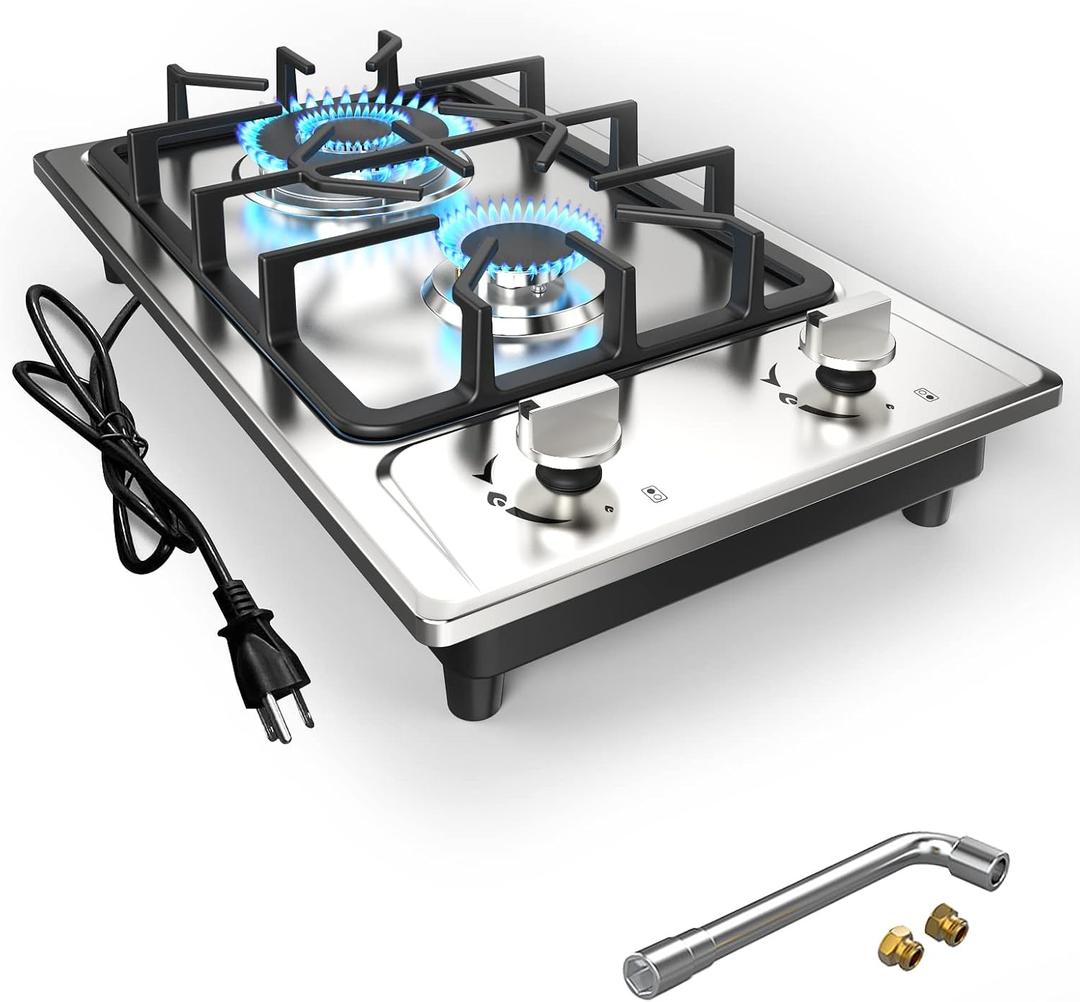 Gas Cooktop 12 Inch Gas Stove 2 Burner, ANHANE Portable Stainless Steel LPG/NG Dual Fuel, Built-in Gas Stove, Ideal for RVs, Apartments, and Outdoor for Cooking