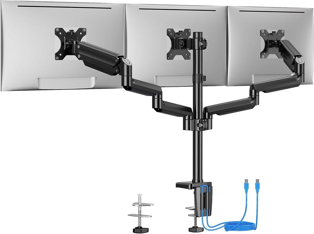 ErGear Triple Monitor Mount for 13-27 inch Screens, Triple Monitor Arms with USB, Heavy Duty Three Monitors Stand with Tilt, Swivel, Rotation, Holds Up to 17.6 lbs Each Arm