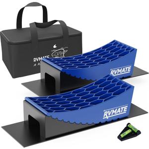 RVMATE Camper Levelers 8-Piece Kit RV Leveling Blocks Camper Wheel Chocks Including Two Curved Levelers, Two Chocks, One Level and Two Rubber Grip Mats in Storage Carrying Bag (Blue)
