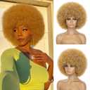 Afro Wig For Women - Blonde Soft 70s Afro Kinky Curly Hair Wigs With Bangs Natural Looking Short Afro Curly Wig Bouncy Brown Puff Synthetic Hair Wig For Daily Party Use