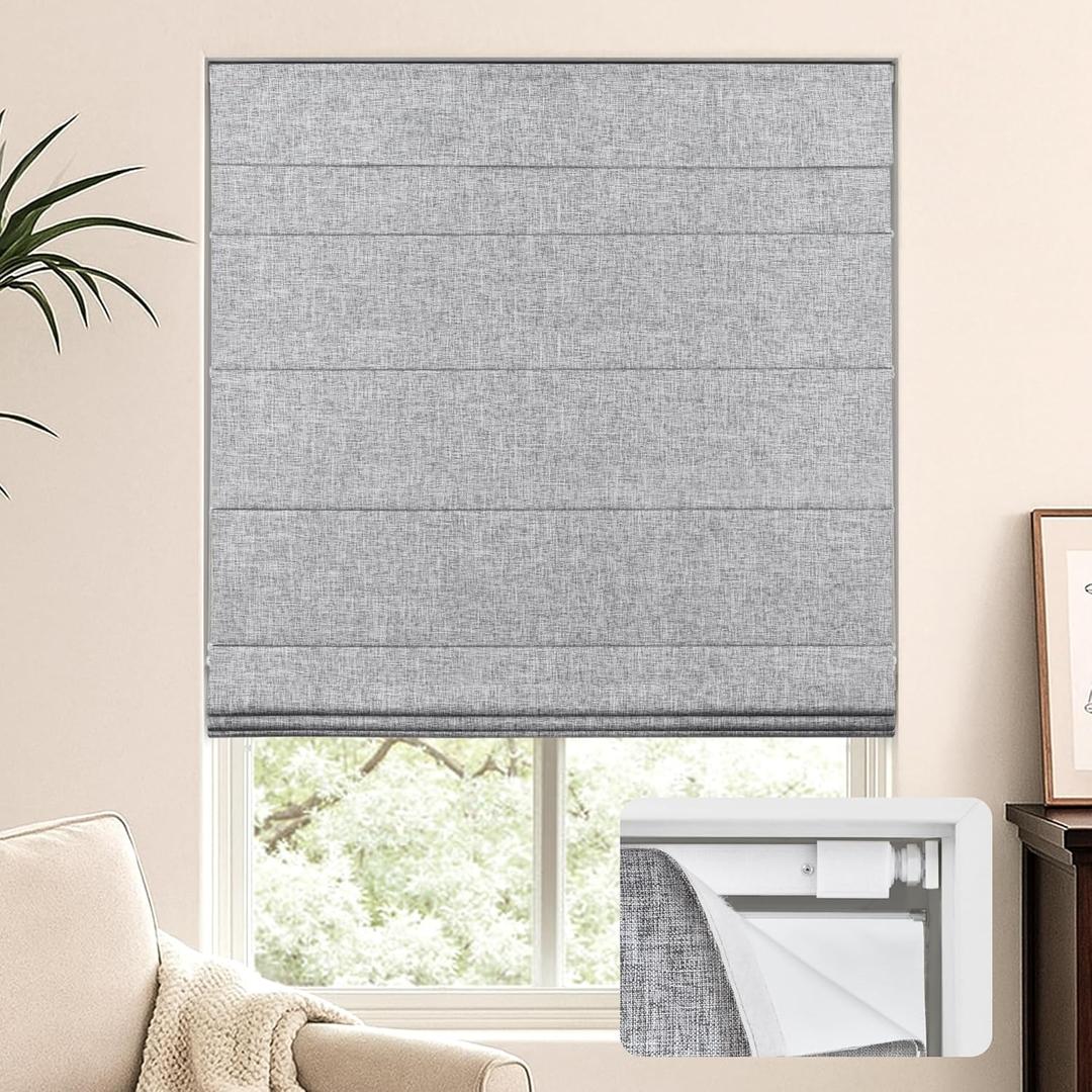 LazBlinds No Tools No Drill Cordless Roman Shades for Windows, Blackout Thermal Insulated UV Blocking Window Blinds, Lightweight Fabric Blinds for Indoor Windows, 35" W x 48" H, Blackout - Grey