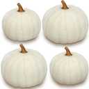 Preboun 4 Pieces Large Wool Fall White Pumpkin Thanksgiving Decor Artificial Fabric Pumpkin Harvest Felt Fake Pumpkins for Decorating for Fall, Thanksgiving, Halloween, Wedding Parties Decoration