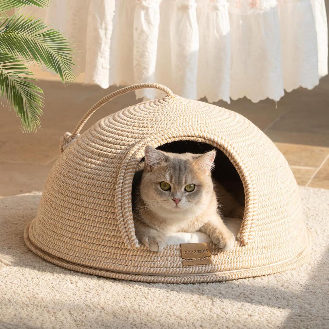 Cat Cave Bed with Washable Cushion and Ball, Handwoven Cotton Rope Cat Basket Bed for Indoor Cats Bed Covered, 3-in-1 Scratching, Playing & Sleeping, All Season Universal(White)