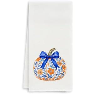 NLIJX Fall Chinoiserie Pumpkin Kitchen Towel - Chinoiserie Blue Bow Pumpkin Decorative Hand Towels for Bathroom Decor, Coquette Bow Fall Farmhouse Dish Tea Towels for Kitchen Decor, 16x24 Inch