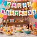 Cute Bear Themed Happy Birthday Banner, Pre-Strung Rainbow Cloud Sun Star Theme Party Decoration Colorful Cartoon Banner for Boys Girls Birthday Baby Shower Supplies