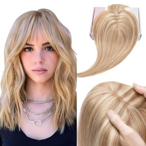 Elailite Hair Toppers for Women Real Human Hair Topper with Bangs Thinning Thin 5.1"x2.8" Silk Base Clip in Remy Hairpieces 16 Inch Golden Brown mix Bleach Blonde