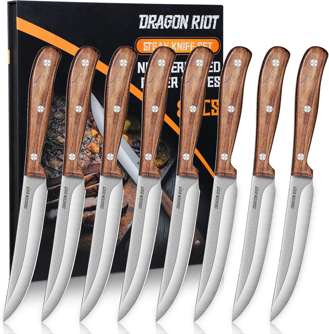 DRAGON RIOT Steak Knives Set of 8, Ultra Sharp Steak Knife Set Japanese VG-10 Stainless Steel Non Serrated Steak Knives Full Tang Wood Handle with Gift Box