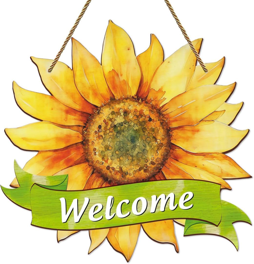 Welcome Summer Sign for Front Door Decor 11.5" Hello Summer Door Sign Wooden Sunflower Wreaths Hanger for Porch Home Farmhouse Wall Indoor Outdoor Decorations