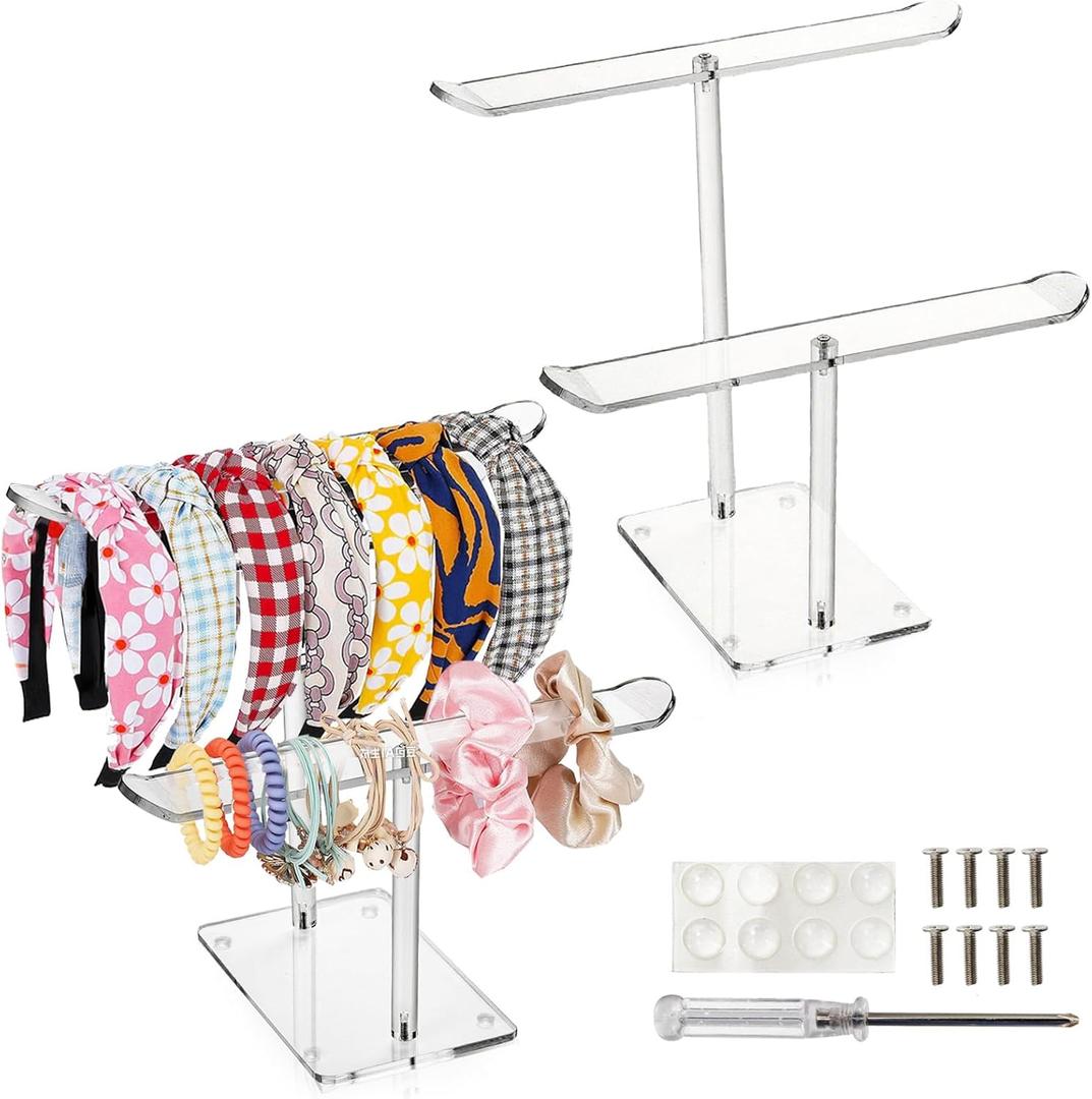 ZEAYEA 2 Pack Acrylic Headband Holder, 2-Tier Clear Hair Hoop Display Stand, Hair Ropes Accessories Storage Organizer Stand for Women and Girls