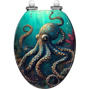 Elongated Toilet Seat Teal Blue Ocean Octopus Coral Reefs Art Resin Toilet Seat Easy to Install Quietly Close Quick Release Hinges Decorative Toilet Seat with Cover