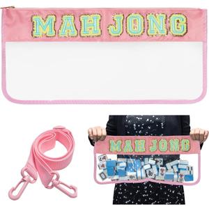 Mahjong Bag -Clear Waterproof Mahjong Tiles Bag with Shoulder Strap Zippered & Letters, Case Only (Pink)