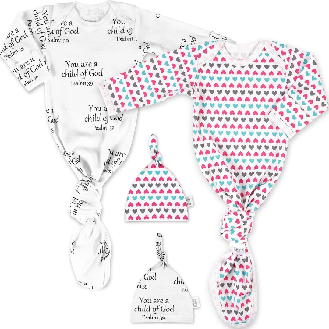 Ocean Drop Designs Baby Gowns 2 Packs (0-6 M) - 100% Cotton Newborn Coming Home from Hospital Outfit, Knotted Baby Nightgown, Hospital Newborn Outfit for Boys & Girls