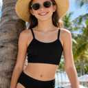 Girl's 2 Piece Swimsuit Solid Spaghetti Strap Bikini Sets Beach Bathing Suit Swimwear for Teen Kids, 15-16Y