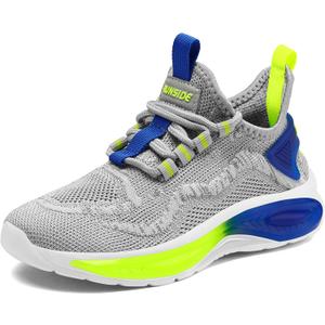 RUNSIDE Boys Girls Sneakers, Lace up Kids Tennis Shoes for Walking/Running Lightweight Breathable Gym Shoes Outdoor, Little Kid/Big Kid (Grey, Size 4)
