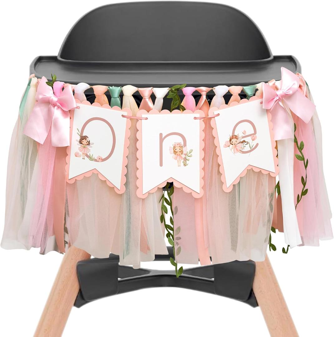 Upfirst Flower Fairy Highchair Banner - 1st Birthday Wildflowers And Fairies Theme For Girls,Flower Fairies Garland,Wildflower Highchair Banner First Birthday Party Supplies (fairy pink banner)