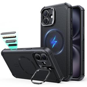ESR for iPhone 16 Plus Phone Case with Stand, 23ft Military-Grade Drop Protection with Camera Control, Shock-Absorbing Rugged Cover, Compatible with MagSafe Accessories, Cyber Series, Black