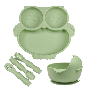 Silicone Baby Plate with Suction, Owl Shape Suction Plate for Toddler Kids, Baby Toddler Divided Dish, Green