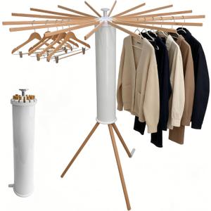Clothes Drying Rack Foldable, Rotary Tripod Laundry Drying Rack,16 Wooden Poles,Rotatable Portable Floor Standing Clothes Airer,Laundry Drying Rack Floor Standing, beech
