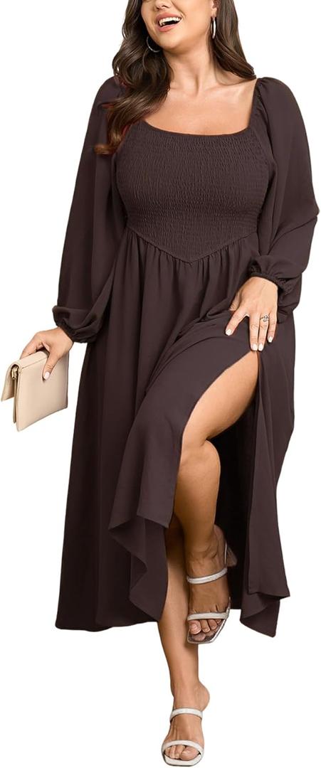 SCOMCHIC Women's Plus Size Fall Dresses Long Sleeve Square Neck Smocked Flowy A-Line Formal Wedding Guest Maxi Dress (Brown, XXXL)