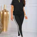 Women's 2 Piece Outfits Sweatsuit Summer Workout Striped Short Sleeve Long Sweatpants Casual Jogging Lounge Set (Large, Black)