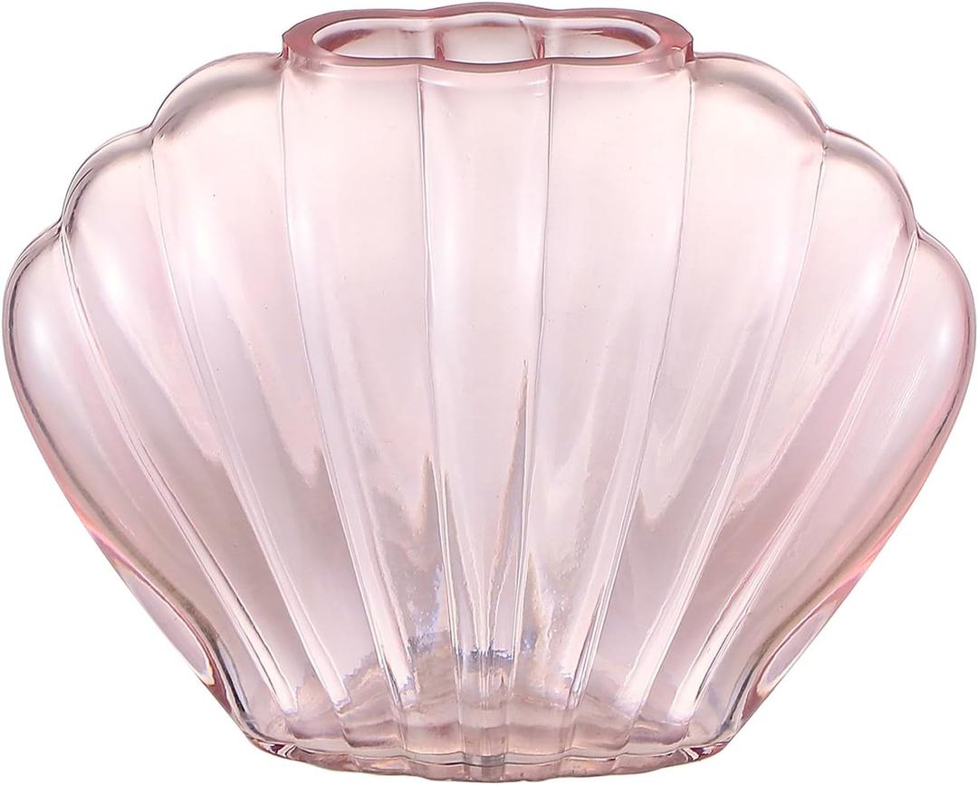 Pink Glass Vase, Glass Flower Vase, Ribbed Seashell Vases for Centerpiece, Small Shell Vases, Living Room, Dining Table, Bedroom, Bookshelf, Office, Wedding Decor, 7 Inches