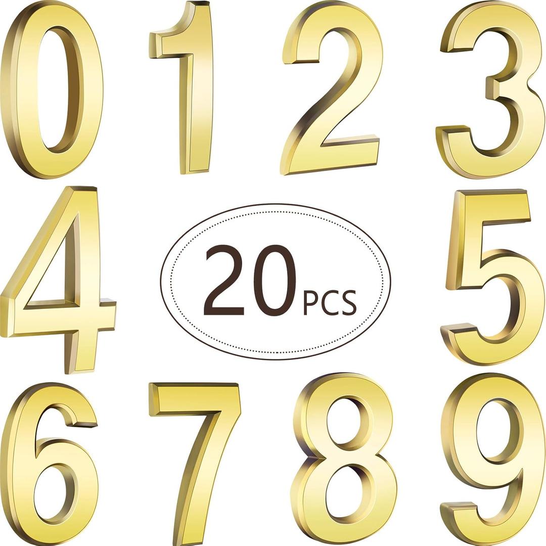 20 Pieces House Numbers Mailbox Numbers 0-9, 3D Door Address Numbers Self Adhesive Mailbox Numbers Sticker or House, Apartment, Office, Hotel Room, Mailbox Signs (Gold,3 Inch)