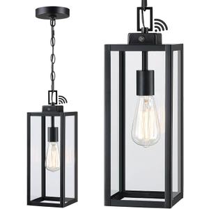 17 Inch Outdoor Pendant Light Dusk to Dawn, Front Door Hanging Light for Entrance, Dusk to Dawn Hanging Porch Light Outdoor Pendant, Metal and Glass Dusk to Dawn Outdoor Hanging Lantern for Porch, E26