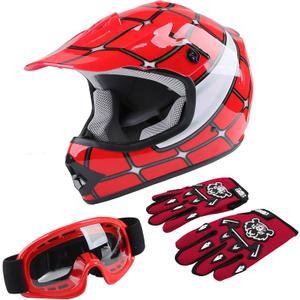 TCT-MOTORPARTS DOT Youth Kids Dirt Bike Full Face Helmets Motocross ATV Offroad Four Wheeler Helmet Red Spider Medium Size