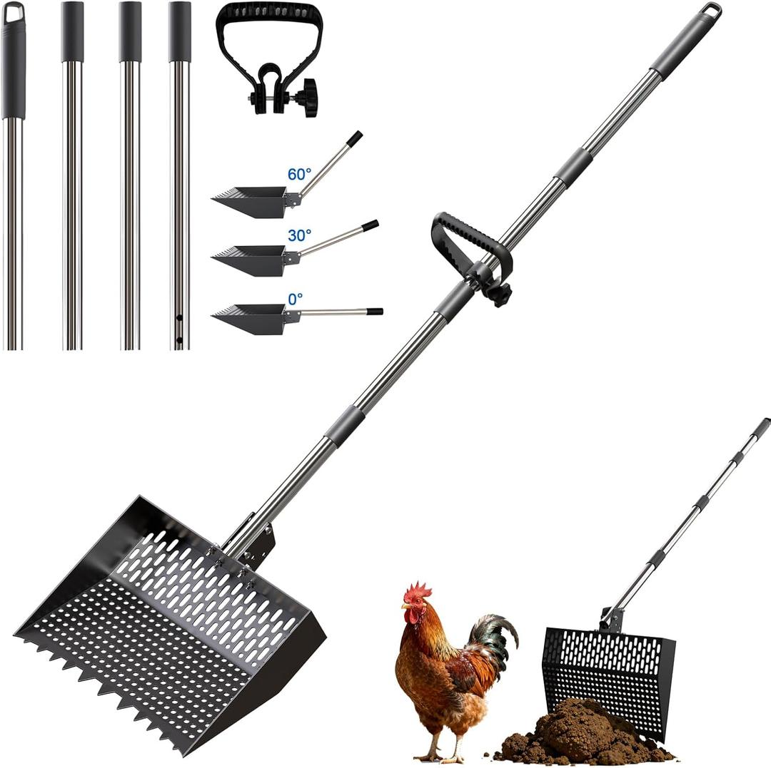 2-in-1 Chicken Poop Scooper & Rake 12-Inch Large Metal Shovel Head Adjustable Stainless Steel Handle (24 to 64") Litter Sifting Shovel Cleaning Tools for Chicken Run, Animal Farm (Black)