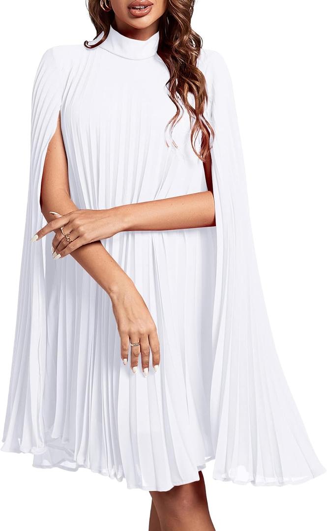 Rooscier Women's Mock Neck Cloak Sleeve Pleated Keyhole Back Flowy Party Midi Dress (White, L)