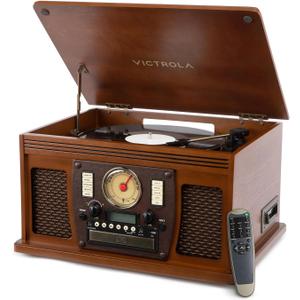 Victrola Navigator 8-in-1 Bluetooth Record Player with Built-in Speakers  3 Speed, CD Player, Cassette, FM Radio, USB, RCA Out, Headphone Jack, Wireless Music Streaming, Real Wood (Walnut)