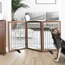 ZJSF Freestanding Dog Fence Indoor, Foldable Dog Gate for Doorways, Stairs or Hallways, Sturdy Wood Extra Wide Pet Gate with Support Feet for The House, Brown, 32 "Height-3 Panels