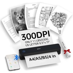 iDPRT Portable Thermal Printer, 300DPI Inkless-Bluetooth Small Mobile Printers Wireless for Travel, Office, Vehicles, Home Use, Supports 8.5" x 11" US Letter, A4 A5, Compatible with iOS, Android, PC (Black)