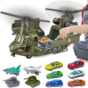Military Helicopter Toys Set with Light - Friction Powered Transport Helicopter Toy with Army Tanks, Airplanes, Mini Cars - Army Toys Military Playset Christmas Birthday Party Gifts for Kids