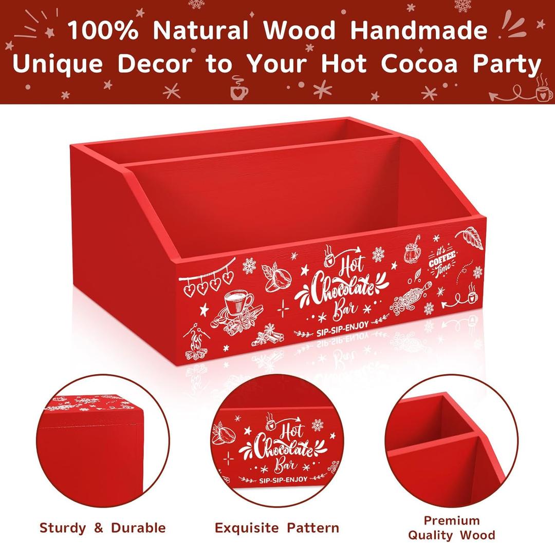 QIKSION 1 Pcs Hot Cocoa Bar Station Supplies, Wood Hot Chocolate Bar Organizer Accessories, Chocolate Bar Containers for Christmas Holiday