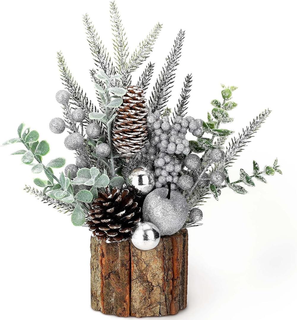 Small Christmas Tree Tabletop Artificial Mini Christmas Tree Decorations with Holiday Ornaments Red Berry Pine Cone Greenery for Home Indoor Fireplace Mantel Xmas Decor (Tree Stump-Silver)