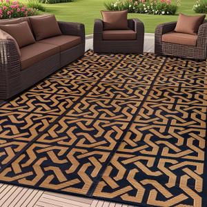 SAND MINE Reversible Mats, Plastic Straw Rug, Modern Area Rug, Large Floor Mat and Rug for Outdoors, RV, Patio, Backyard, Deck, Picnic, Beach, Camping, Trailer, Black & Brown, 9' x 18'